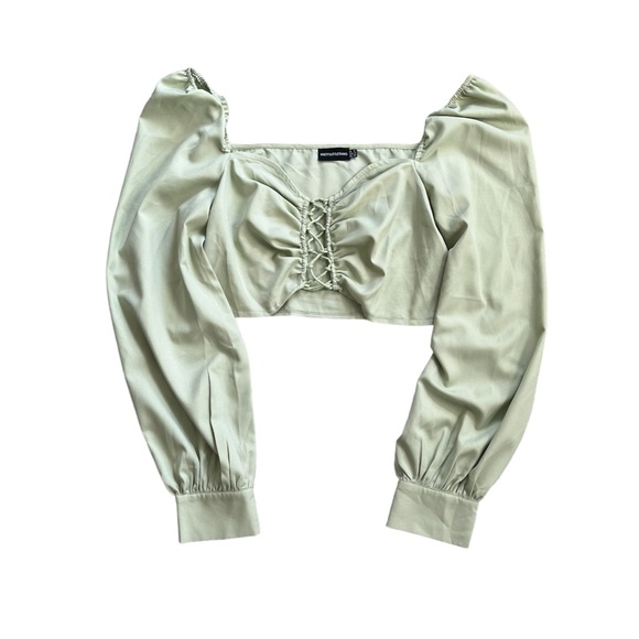 PrettyLittleThing Sage Green Lace Up Long Sleeve Cropped Blouse - Picture 7 of 10